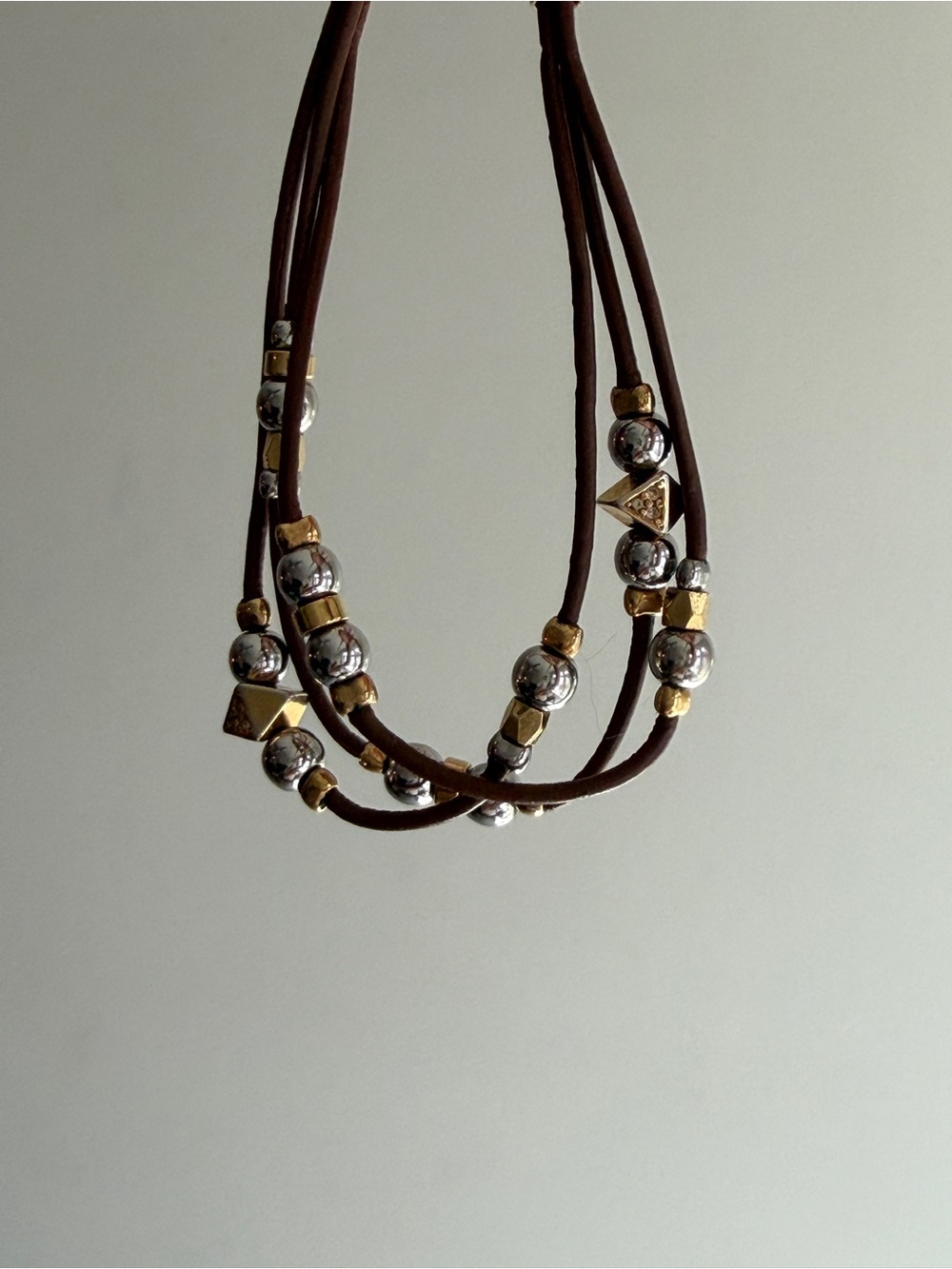 Fossil Brown Leather Multi-Strand Bracelet with Silver & Gold Beads